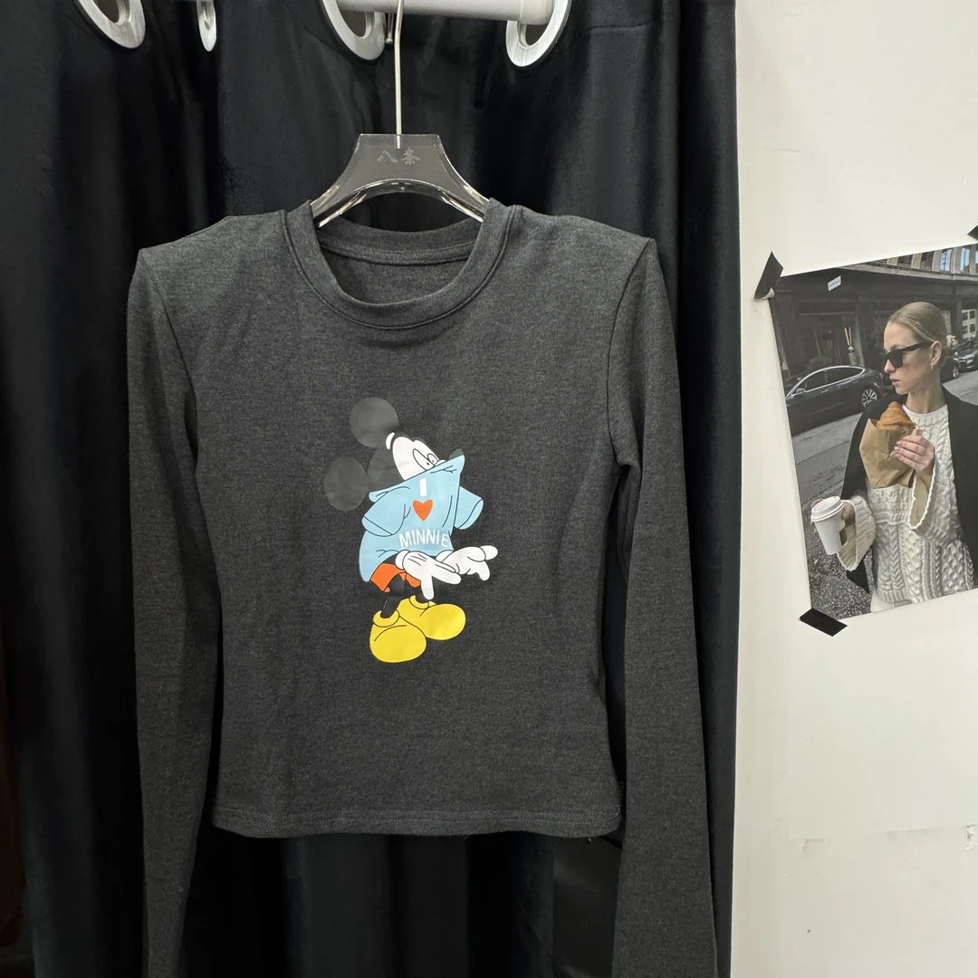 秋冬款时尚百搭纯欲辣妹显瘦卡通米奇印花长袖T恤女上