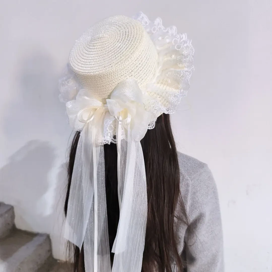 日系可爱软妹草帽洛丽塔蕾丝蝴蝶结遮阳帽出游防晒长飘运动帽户外