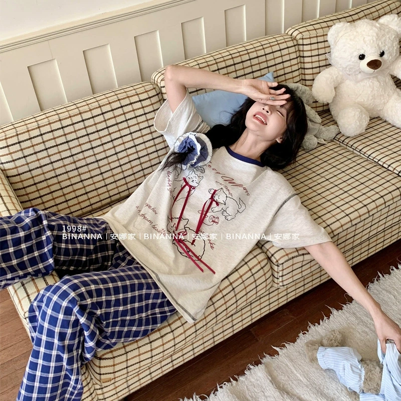 缤安娜家居服睡衣夏季女款圆领三只小猫短袖睡衣女款爆款2025新款