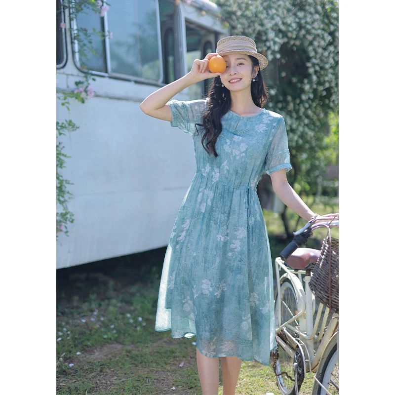 红念文艺蓝色天丝印花连衣裙女短袖系带显瘦夏季2025新款气质裙子