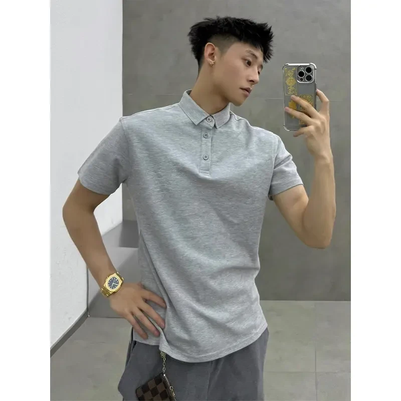 花灰色重磅正肩POLO衫短袖男夏季美式复古轻熟风T恤痞帅半开半袖