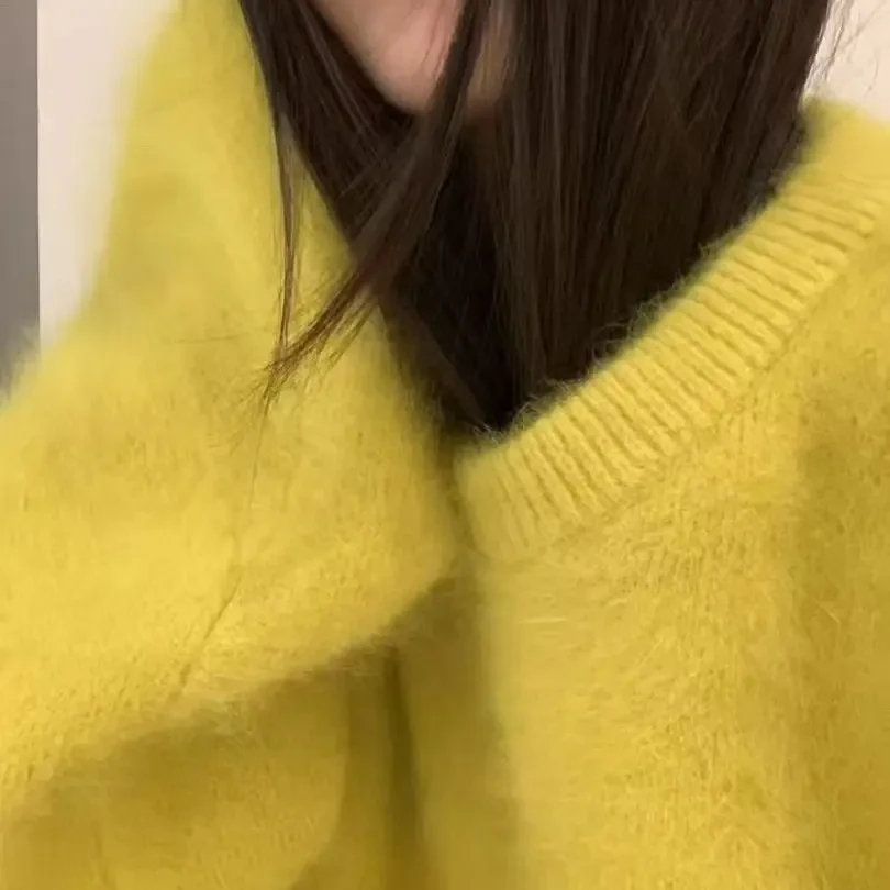 韩版圆领兔绒针织衫时尚保暖春季黄色女常规冬季