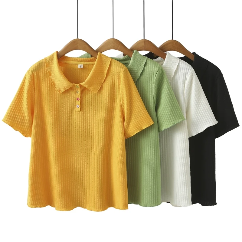 大码女装新款韩版短袖肌理感T恤夏季宽松显瘦娃娃领彩色扣子上衣