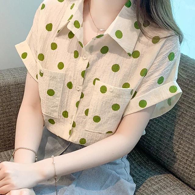 韩版气质波点POLO领短袖雪纺衬衫女夏装2025夏季新款女士衬衣上衣