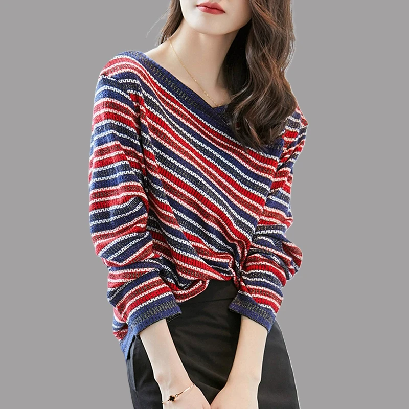 条纹V领针织衫女士2025秋季新款设计感时尚洋气重工慵懒打底上衣