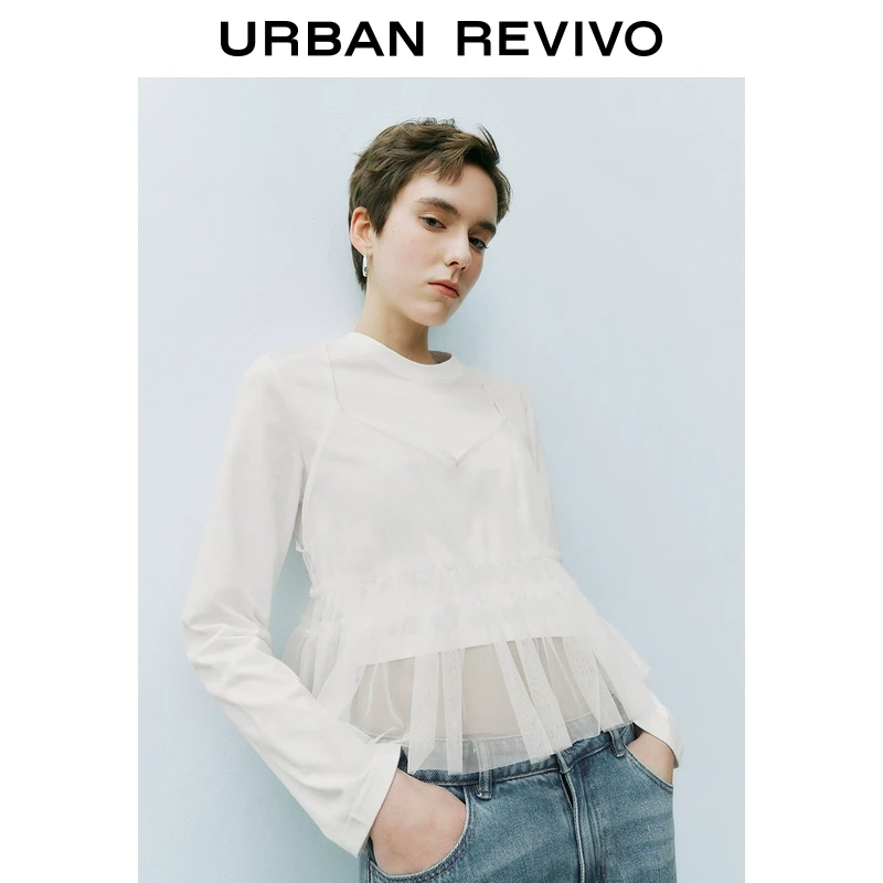 UR2025春季新品女装欧若风拼接网纱假两件设计感长袖T恤UYU450025