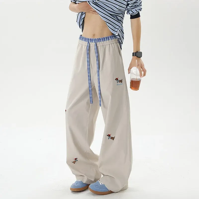 春季夏季新款大码格子拼接印花抽绳长裤直筒百搭宽松情侣休闲裤子