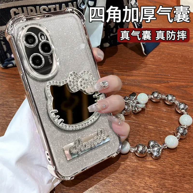 适用【荣耀100pro/100】凯蒂镜子电镀四角防摔壳支架带挂绳手机壳