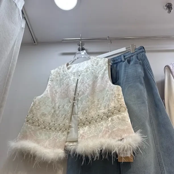 中长款提花马夹牛仔中国风免烫春季套装秋冬女刺绣