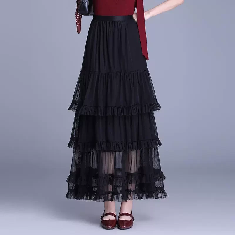 网纱蛋糕裙女2025年春季新款仙女裙垂感显瘦a字半身裙松紧腰长裙