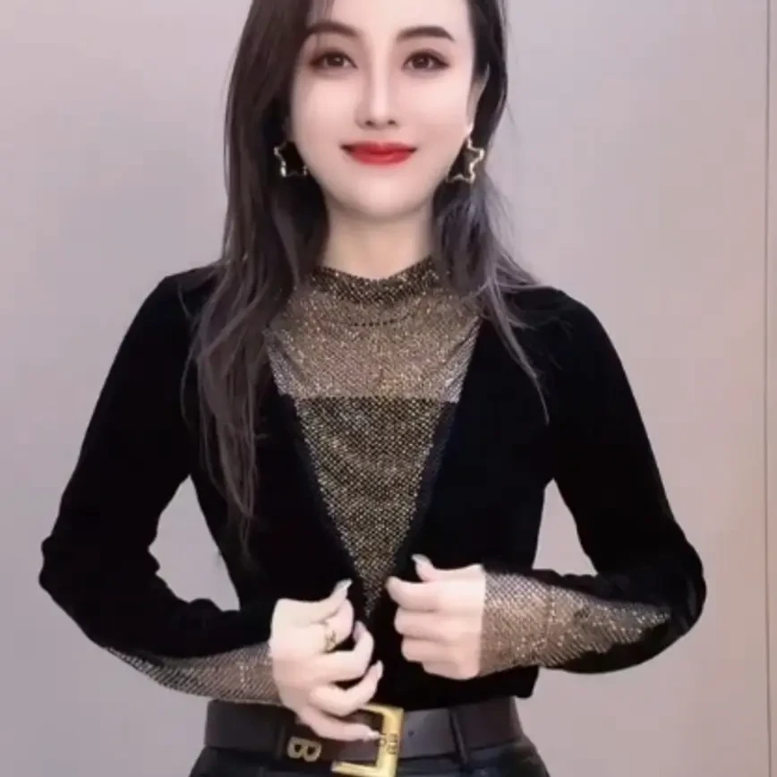 韩系高级感烫钻拼接加绒寸领长袖冬季时尚洋气显瘦百搭T恤女上衣