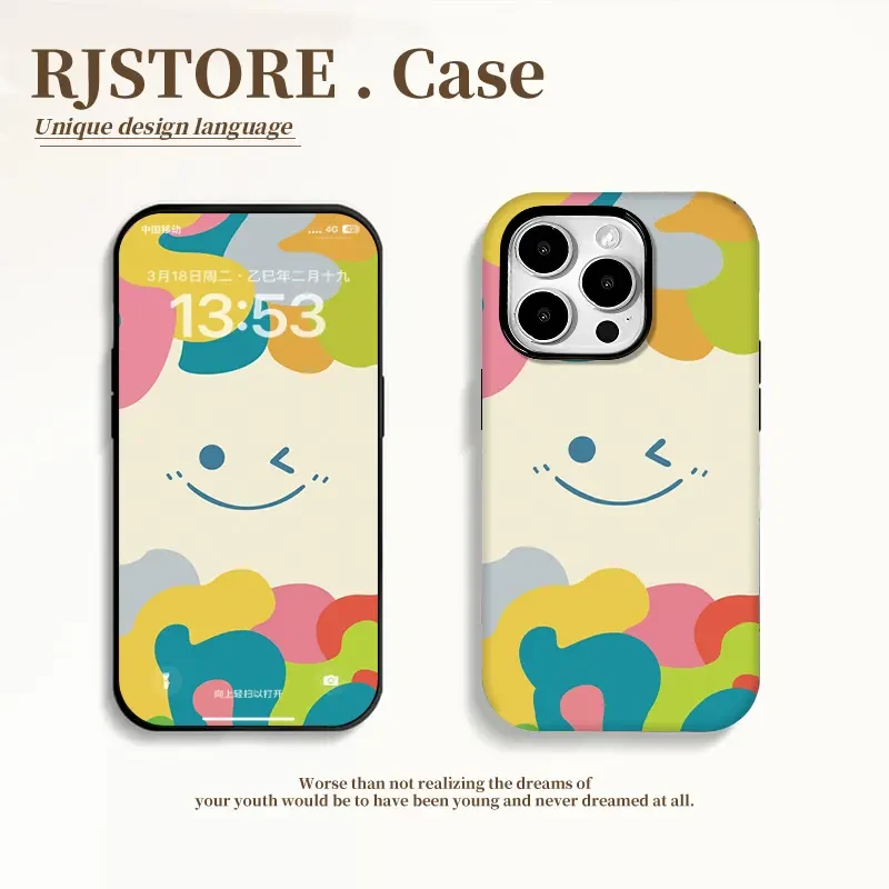 适用彩色涂鸦笑脸iPhone16菲林手机壳华为vivo小米oppo二合一保护