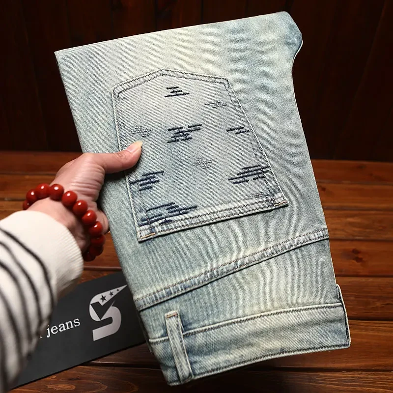 高端欧货水洗复古牛仔裤男款修身小脚裤夏季夏款浅色时尚潮流长裤