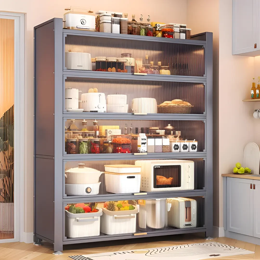 厨房置物架多功能储物柜落地多层带门微波炉收纳柜大橱柜家用橱柜