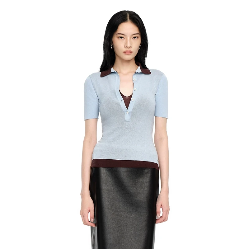 【YIRANTIAN】noundnound蓝色拼接双领针织短袖上衣2025夏季新款