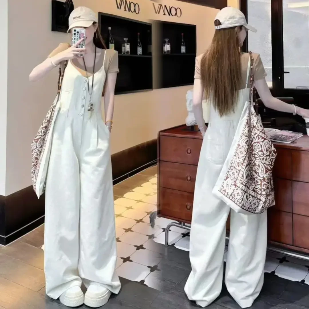 韩系复古吊带牛仔连体裤女2025夏季新款慵懒风简约短袖T恤两件套