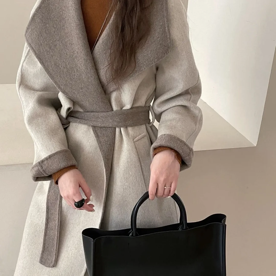 双面双色大翻领落肩袖系带加长款立体裁剪女毛呢大衣外套