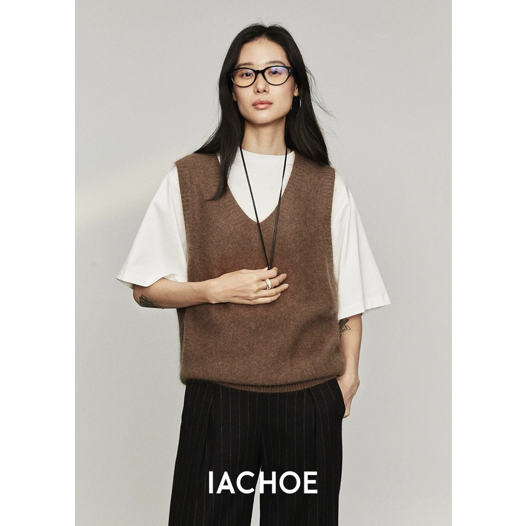 棉仓3561503005-卡布奇诺绵羊毛V领背心羊毛衫