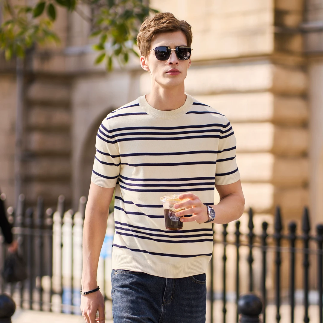 2025新款高端丝光面料高密针织短袖T恤男士春夏条纹打底衫男爆款