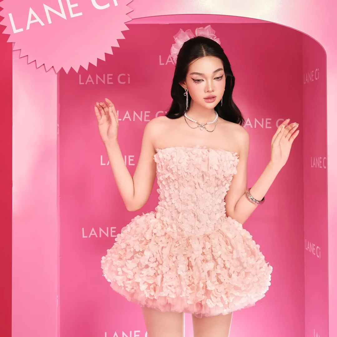 【原装正品】laneci抹胸蓬蓬裙新款高腰显瘦收腰花朵连衣裙套装misa