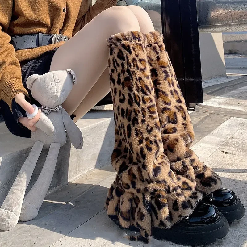 美式y2k辣妹豹纹小腿堆堆袜女秋冬季仿皮草保暖腿套喇叭毛绒袜套