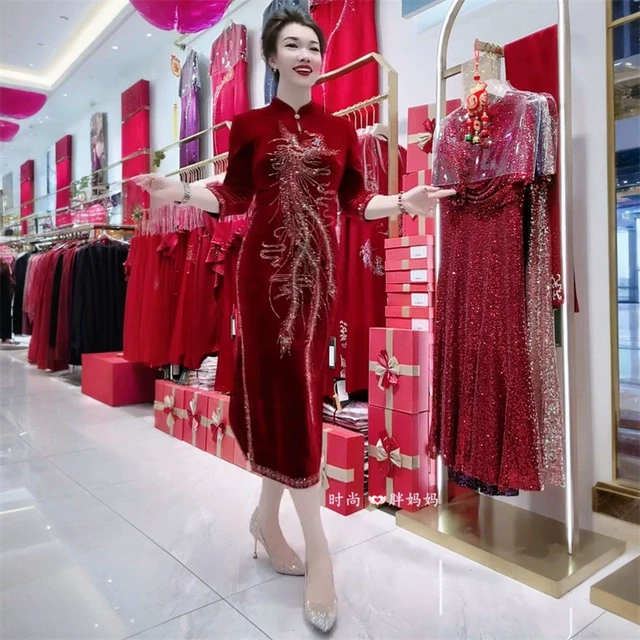 喜婆婆婚宴中年妈妈装丝绒连衣裙大码高贵烫钻时尚礼服改良旗袍裙