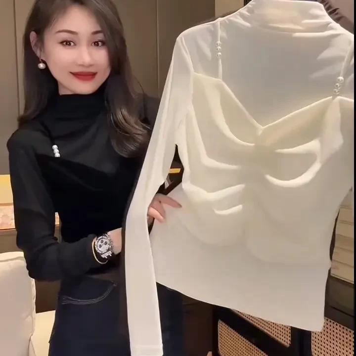 97秋季新款丝绒拼接网纱长袖T恤女半高领假两件上衣打底衫潮