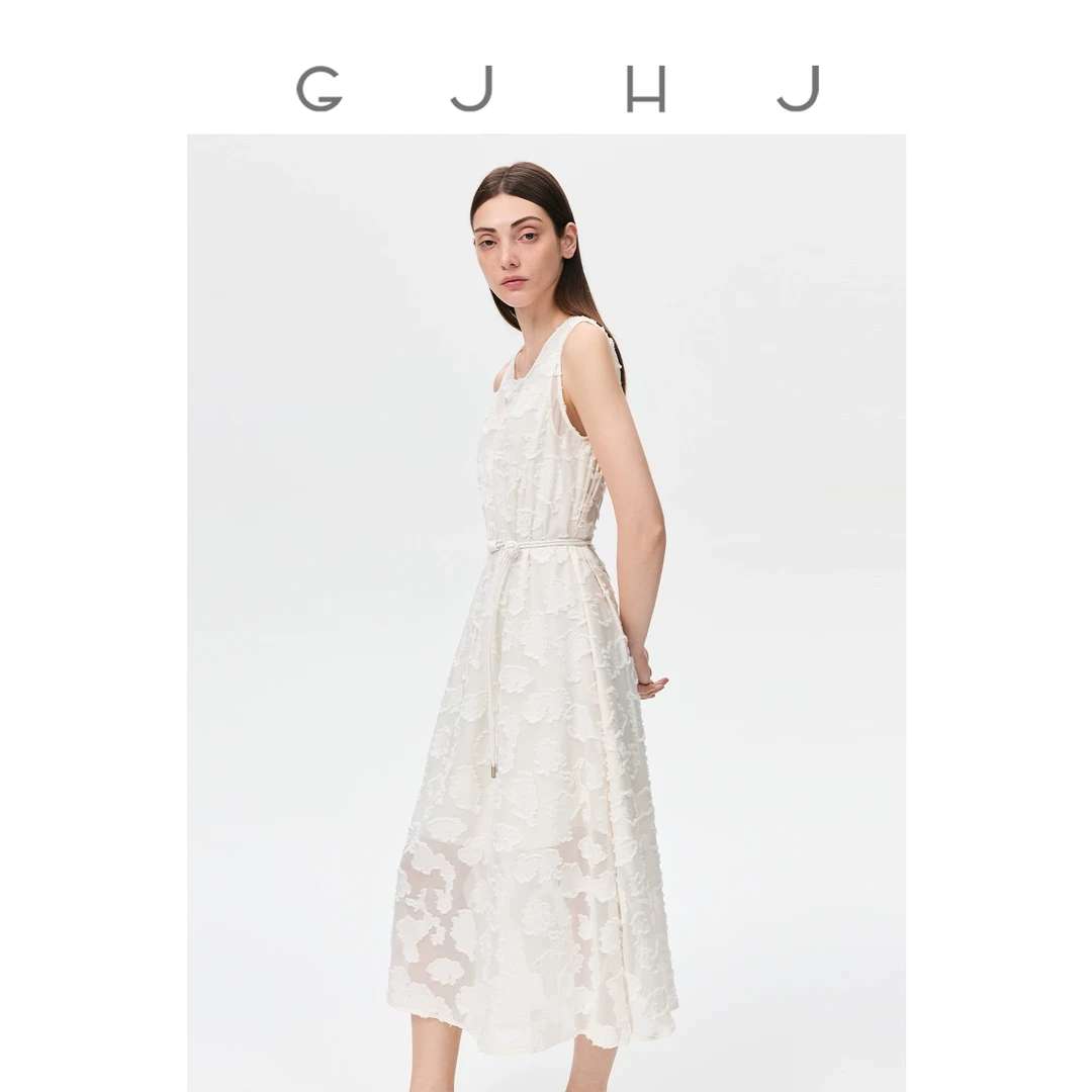 gjhj2025新款百搭显瘦提花刺绣无袖连衣裙 白色腰带网纱背心裙