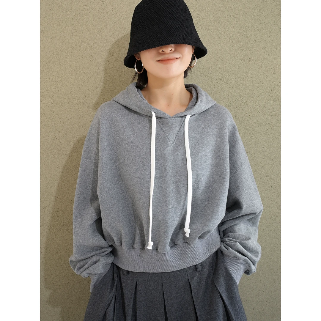 UPINLOOK定制长绒棉 做旧灰色 女款连帽套头落肩全棉短卫衣DE601
