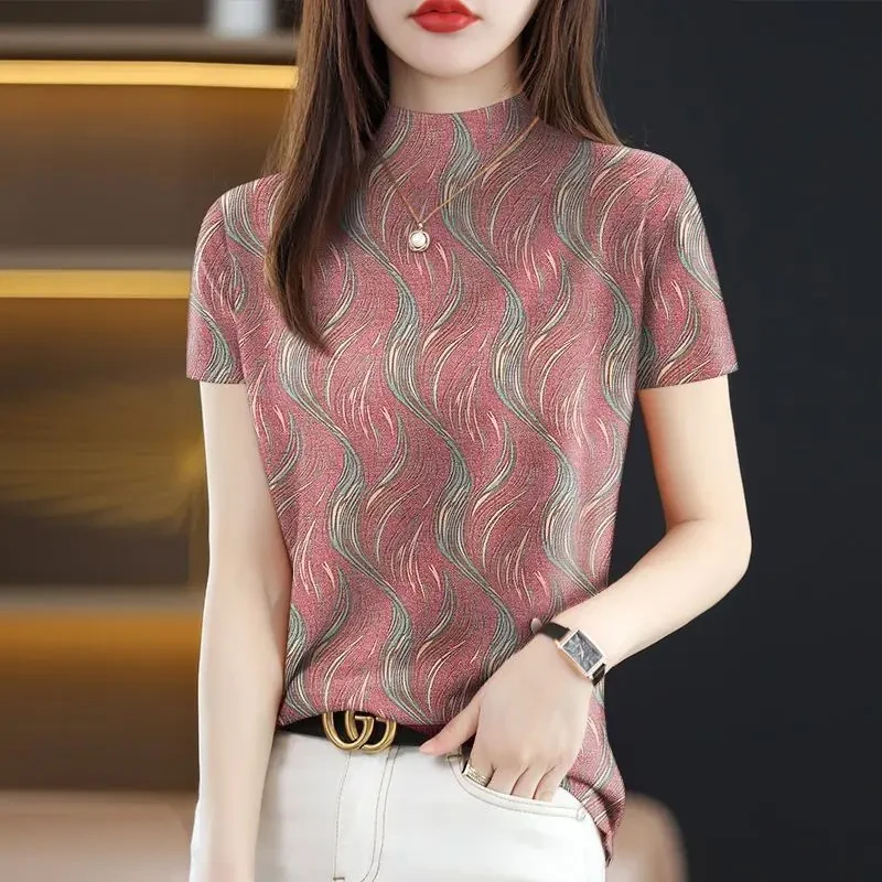 潮流女装2025年 女士夏天女高领宽松短袖衣服T恤遮肚时尚女上衣