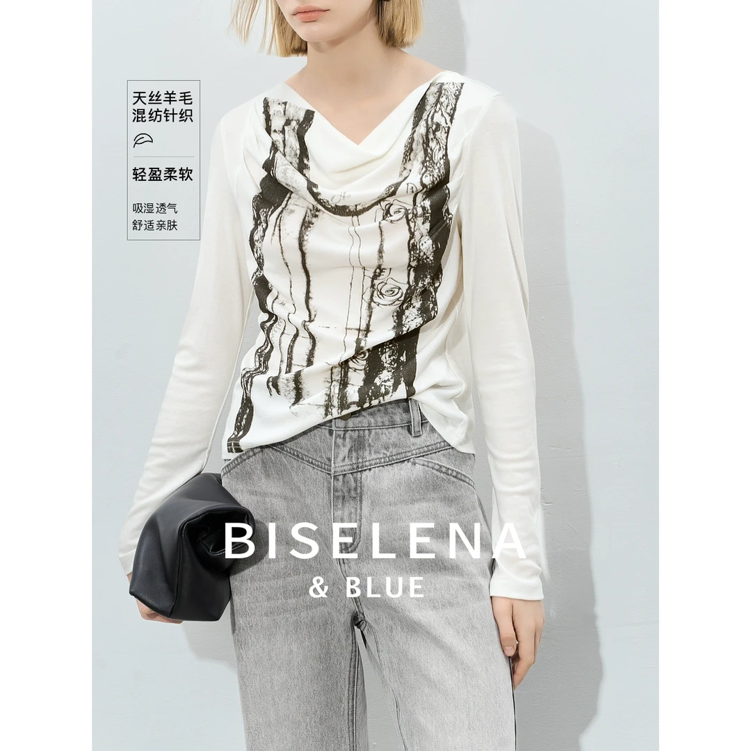 3062贝茜妮法式复古天丝印花长袖t恤女2025夏季设计感不规则上衣