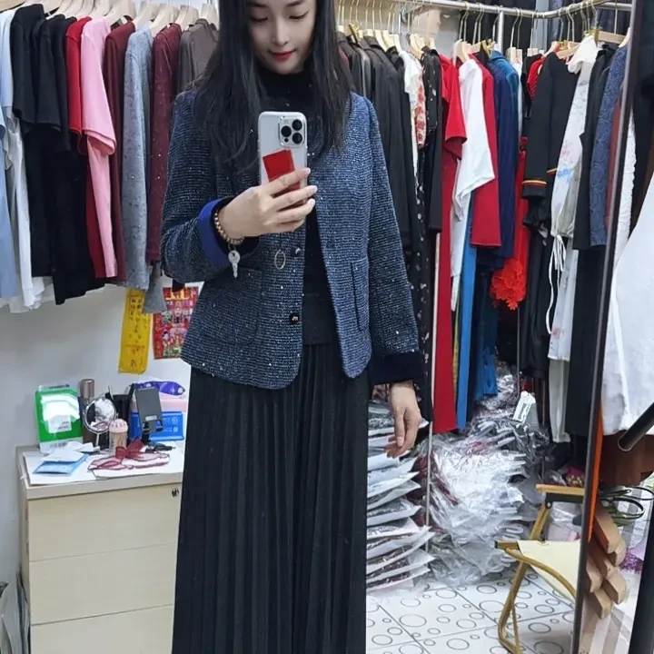 秋冬季高奢蓝色／红色格纹弹力梭织奢雅气质百搭小香风外套