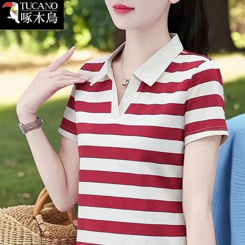 啄木鸟正品纯棉Polo衫短袖t恤女夏季新款宽松条纹时尚妈妈装上衣