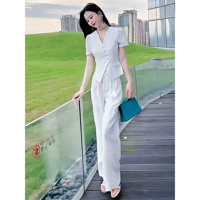 御姐范时尚套装女夏季新款收腰气质显瘦V领短袖衬衫阔腿裤两件套