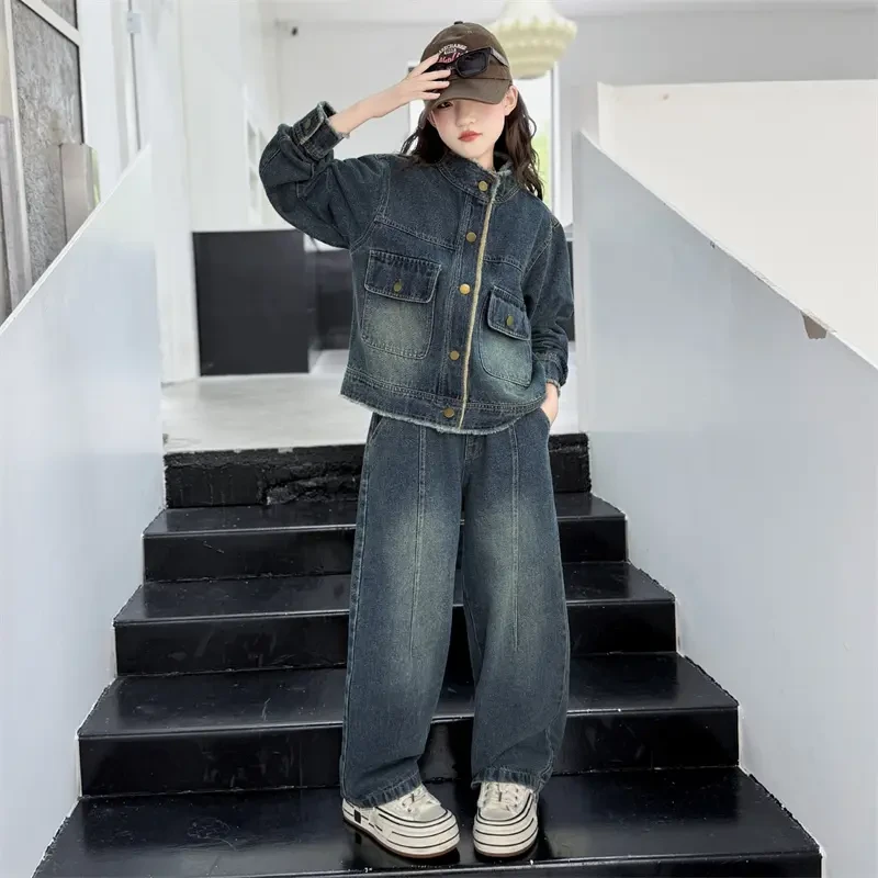 女童秋季套装2025新款洋气儿童时尚毛边牛仔外套女孩阔腿裤两件套