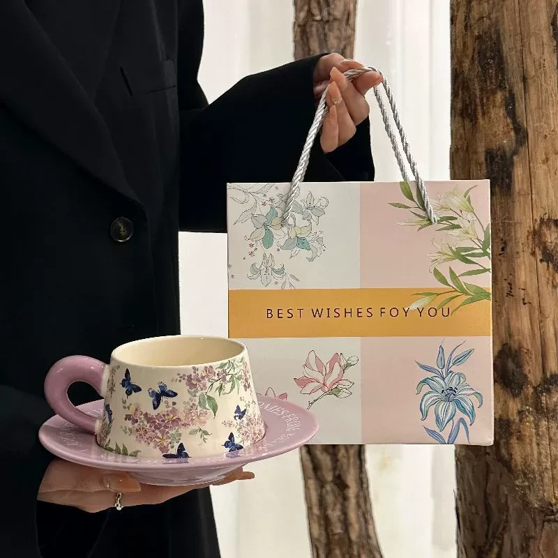 复古艺术感紫薇花陶瓷咖啡杯碟套装女生生日礼物原创下午茶拿铁杯