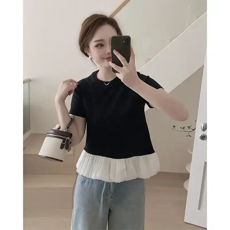 纯欲辣妹短袖T恤女2025夏季新款收腰芭蕾风荷叶边褶皱打底衫上衣