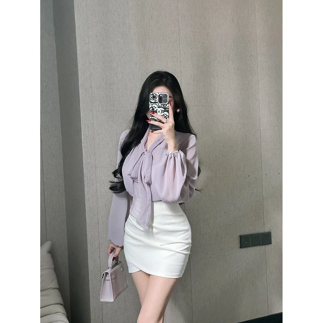 法式蝴蝶结v领长袖衬衫女2025年新款春夏高级感气质轻奢上衣