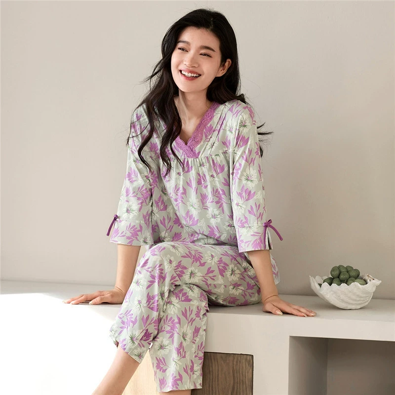 秋鹿莫代尔超柔软睡衣女2025春夏季新款印花V领七分袖家居服套装