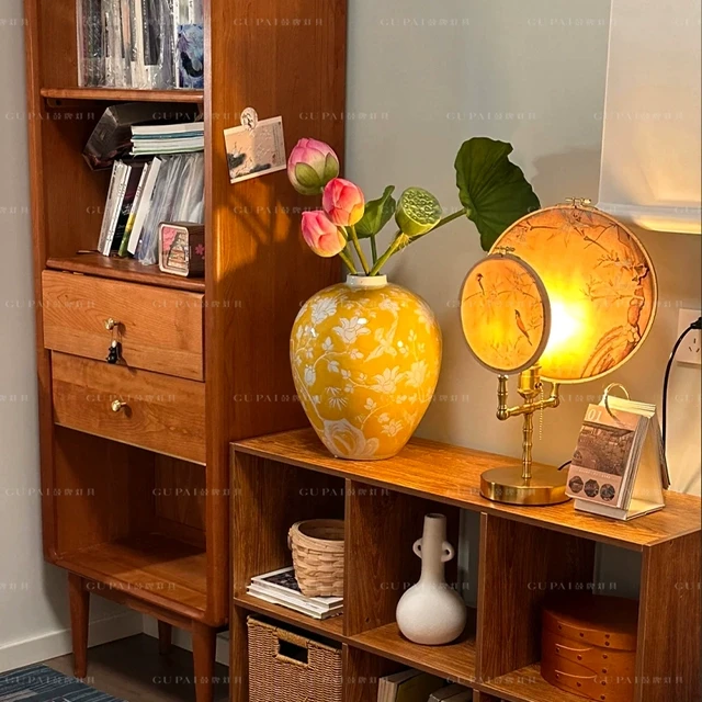 甄选鼓牌新中式台灯卧室床头柜复古中国风书房茶室彩绘子母团扇氛