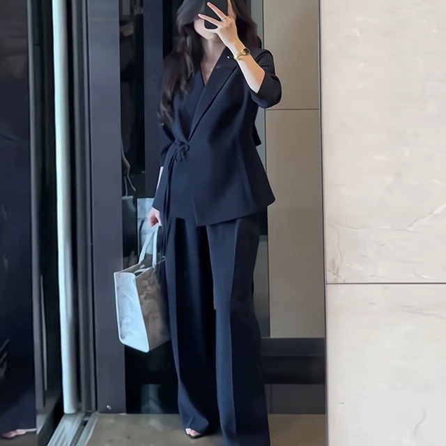 大码藏青色系带西装阔腿裤套装女胖mm春夏新款韩版高级感时尚西服