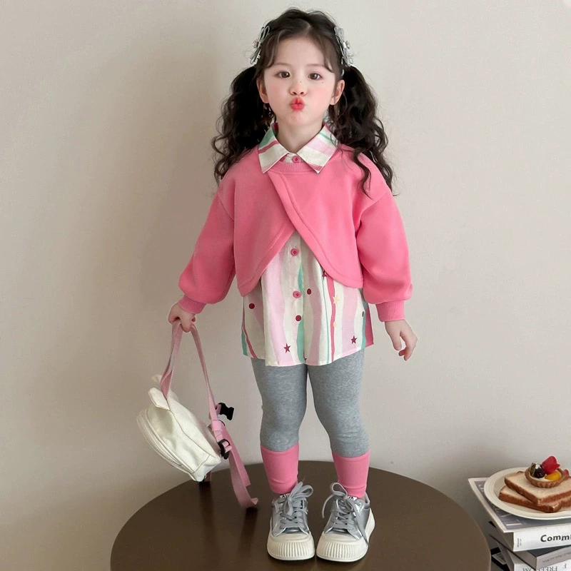 女童春秋款套装2025新款洋气时髦儿童运动女宝宝春季春装彩条卫衣
