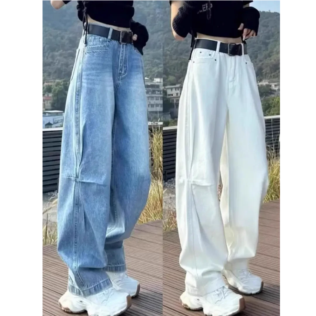 浅蓝色镰刀设计牛仔裤女2025春季新款宽松显瘦弯刀褶皱阔腿长裤子