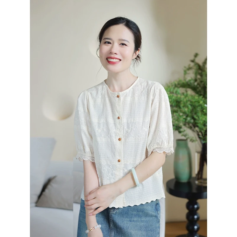 红念杏色纯棉刺绣衬衫女短袖设计感宽松休闲夏季2025新款气质上衣