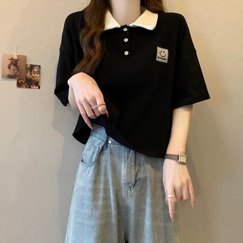 韩版撞色POLO领正肩短袖T恤女大码胖mm显瘦遮肚子短款打底衫上衣