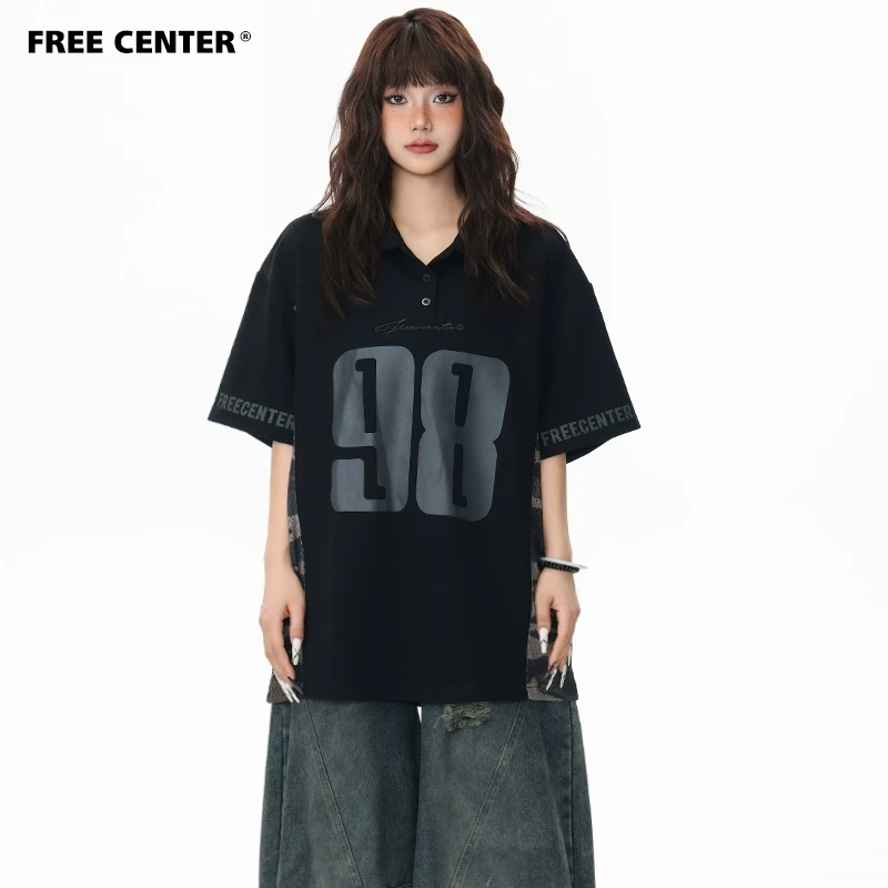 Free Center美式复古迷彩拼接POLO衫男女宽松数字球衣短袖T恤夏季
