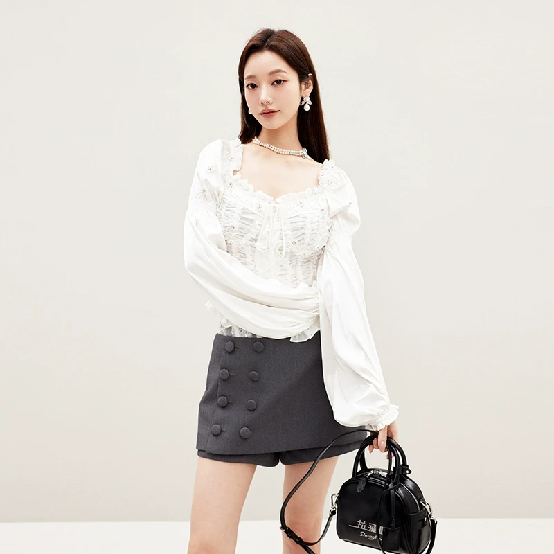 LE FAME/拉飞姆2025年春季维多利亚抽褶拼接宫廷上衣LF25C51SB256