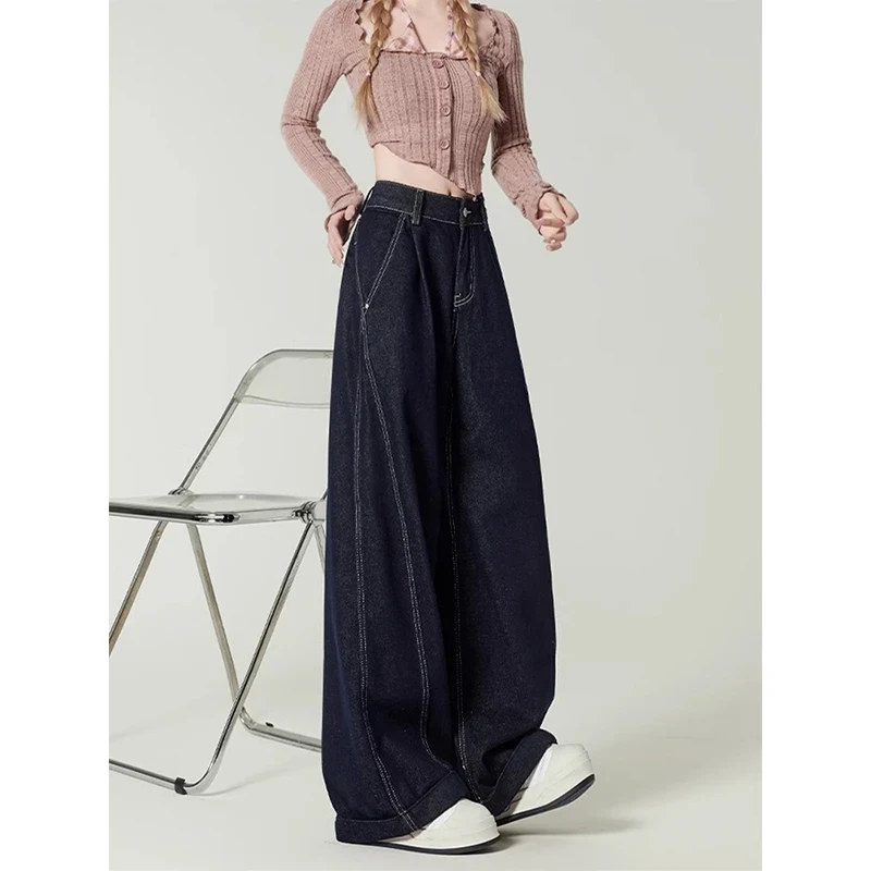 美式复古丹宁蓝阔腿牛仔裤女春季设计感高腰宽松显瘦梧桐镰刀裤子