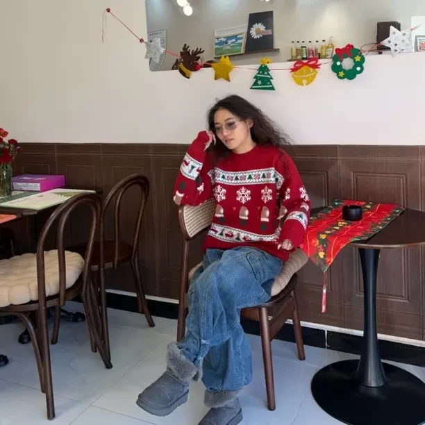 【H2】圣诞费尔岛提花红色宽松套头针织衫女秋冬外穿