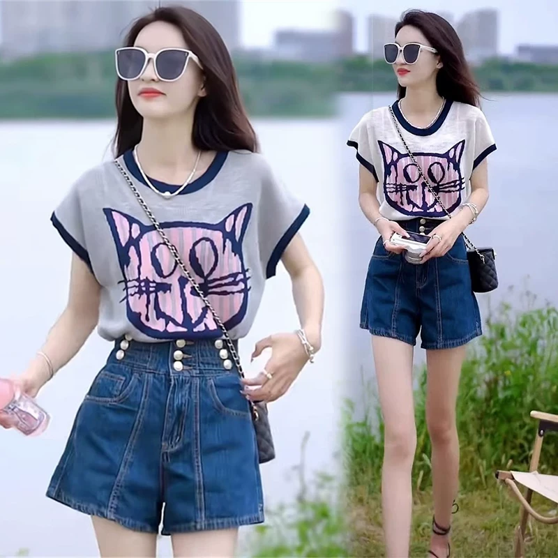 时尚穿搭小个子一整套阔腿牛仔短裤夏季2025新款爆款减龄洋气套装